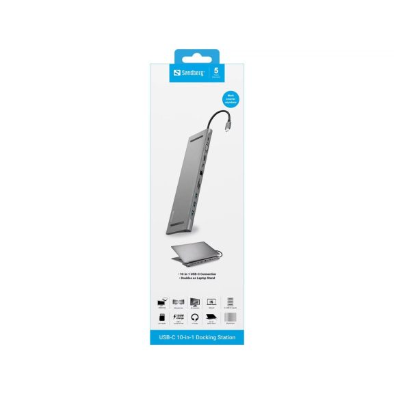 Sandberg USB-C 10-in-1 Docking Station dokkoló, HDMI, VGA, gigabites Ethernet, 100 W tápbemenet, szürke