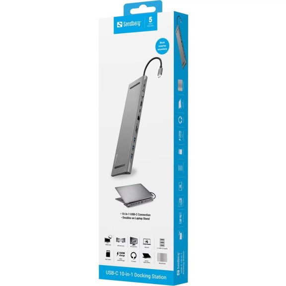 Sandberg USB-C 10-in-1 Docking Station dokkoló, HDMI, VGA, gigabites Ethernet, 100 W tápbemenet, szürke
