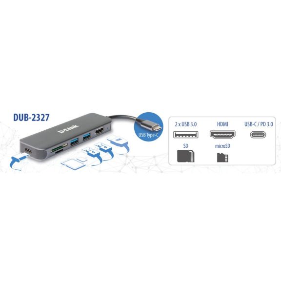D-Link DUB-2327 6 az 1-ben USB-C hub, 4K HDMI, SD-kártyaolvasó, 60 W töltés, szürke