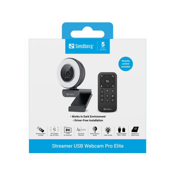 Sandberg Streamer USB Webcam Pro Elite webkamera, 2K felbontás, autofókusz, fekete