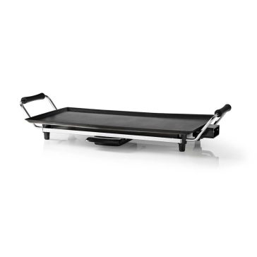 Nedis FCTE110EBK50 teppanyaki grill fekete színben, nagy sütőfelülettel és kivehető zsírfelfogó tálcával.