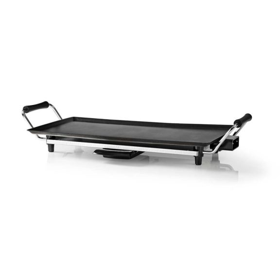 Nedis FCTE110EBK50 teppanyaki grill fekete színben, nagy sütőfelülettel és kivehető zsírfelfogó tálcával.
