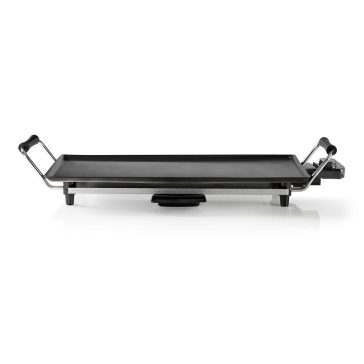 Nedis FCTE110EBK50 teppanyaki grill fekete színben, nagy sütőfelülettel és kivehető zsírfelfogó tálcával.