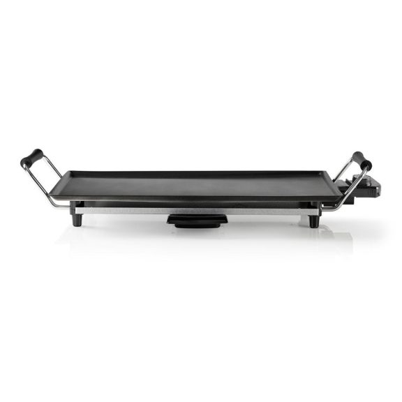 Nedis FCTE110EBK50 teppanyaki grill fekete színben, nagy sütőfelülettel és kivehető zsírfelfogó tálcával.