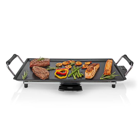 Nedis FCTE110EBK50 teppanyaki grill fekete színben, nagy sütőfelülettel és kivehető zsírfelfogó tálcával.