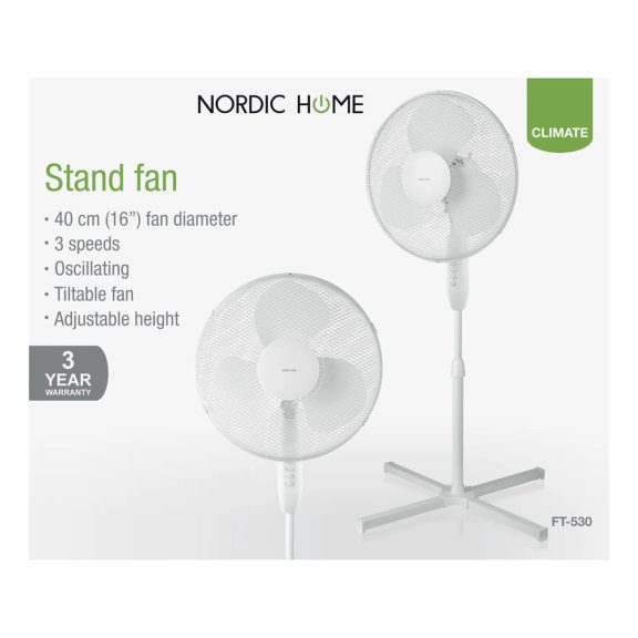 NORDIC HOME FT-530 álló ventilátor, 410 mm, 3 fokozat, oszcilláló, billenthető, fehér