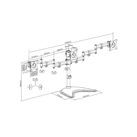 Multibrackets M Deskstand Basic Triple asztali monitortartó állvány, 3x15-27", monitoronként max. 8kg, fekete