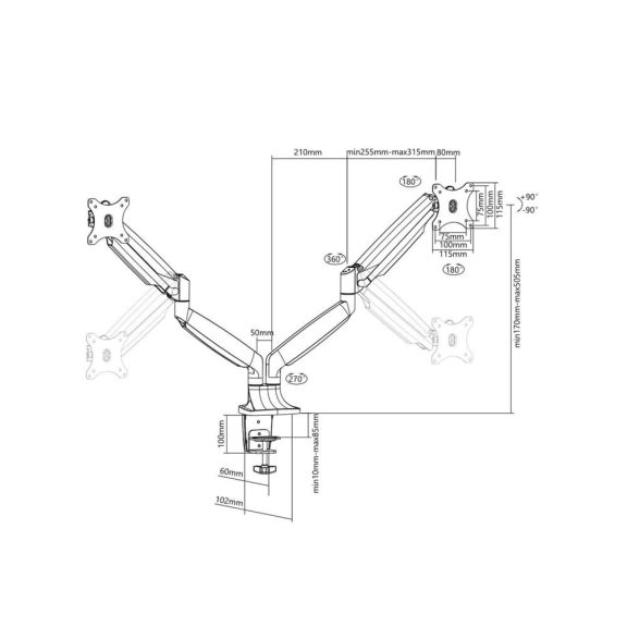 Multibrackets M Deskmount Gas Spring Dual monitortartó kar, 2x15-30", monitoronként 1-9kg, fekete