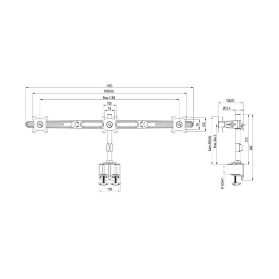 Multibrackets M VESA Desktopmount Triple Desk Clamp monitortartó állvány, 3x15-24", monitoronként max. 8kg, fekete
