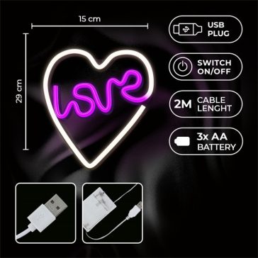   NEOLIA LED dekorációs lámpa LOVE rószaszín fehér, USB csatlakozó, 3 x AA, falra szerelhető, 148 lumen