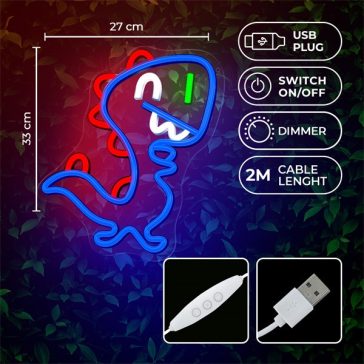   FOREVER LIGHT Neon LED dekorációs lámpa JURASSIC BABY DINO kék, szabályozható, USB, be/ki kapcsoló,  falra szerelhető