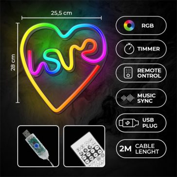   FOREVER LIGHT Neon LED dekorációs RGB lámpa LOVE in HEART, USB, távirányító, MUSIC SYNC, szabályozható, TIMER