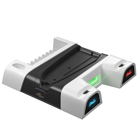 FroggieX PlayStation 5 hűtő és töltő állvány, 2 kontroller töltés, ventilátoros hűtés, fehér - FX-P5-C4-W
