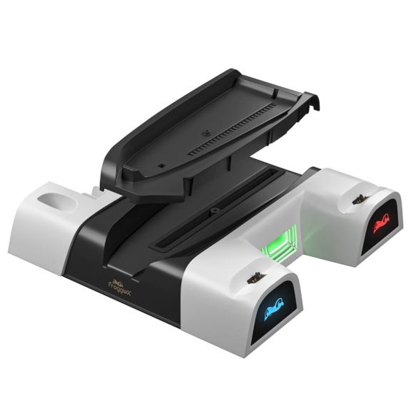 FroggieX PlayStation 5 hűtő és töltő állvány, 2 kontroller töltés, ventilátoros hűtés, fehér - FX-P5-C4-W