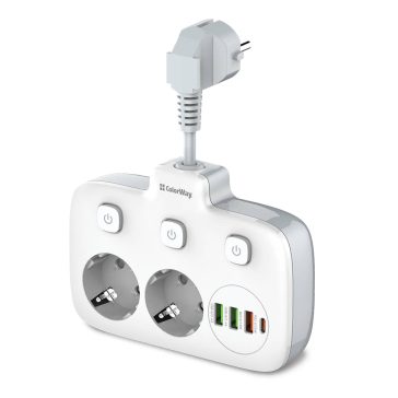  ColorWay hálózati elosztó, 2x220V, 3xUSB-A, 1xUSB-C PD, gyors­töltés, fehér - CW-CHE24PDW