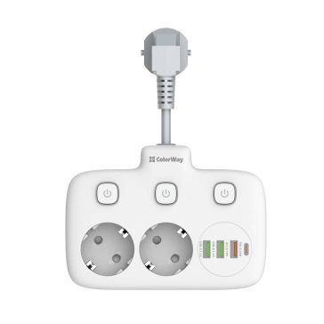   ColorWay hálózati elosztó, 2x220V, 3xUSB-A, 1xUSB-C PD, gyors­töltés, fehér - CW-CHE24PDW