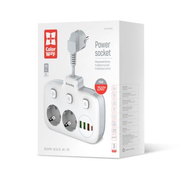   ColorWay hálózati elosztó, 2x220V, 3xUSB-A, 1xUSB-C PD, gyors­töltés, fehér - CW-CHE24PDW