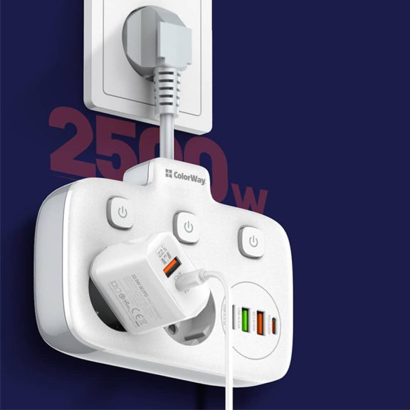 ColorWay hálózati elosztó, 2x220V, 3xUSB-A, 1xUSB-C PD, gyors­töltés, fehér - CW-CHE24PDW