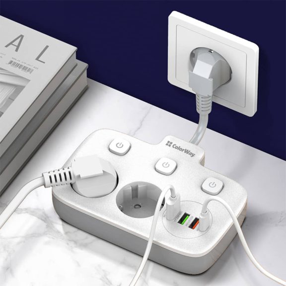 ColorWay hálózati elosztó, 2x220V, 3xUSB-A, 1xUSB-C PD, gyors­töltés, fehér - CW-CHE24PDW