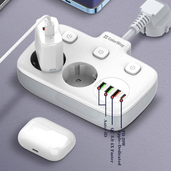 ColorWay hálózati elosztó, 2x220V, 3xUSB-A, 1xUSB-C PD, gyors­töltés, fehér - CW-CHE24PDW