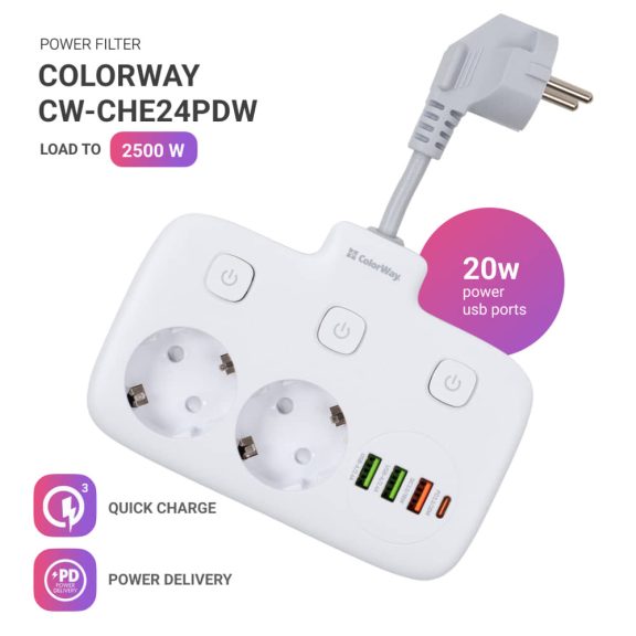 ColorWay hálózati elosztó, 2x220V, 3xUSB-A, 1xUSB-C PD, gyors­töltés, fehér - CW-CHE24PDW
