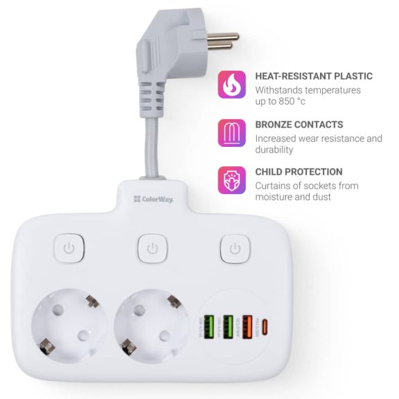 ColorWay hálózati elosztó, 2x220V, 3xUSB-A, 1xUSB-C PD, gyors­töltés, fehér - CW-CHE24PDW