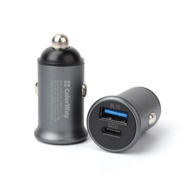   ColorWay CW-CHA029PD-GR autós gyorstöltő 38 W, USB-C Power Delivery, USB-A Quick Charge 3.0, szürke