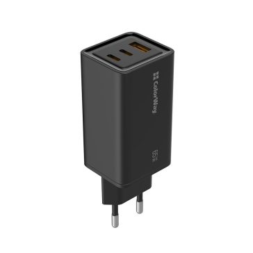   ColorWay CW-CHS039PD-BK GaN3 Pro hálózati gyorstöltő 65 W, 2x USB-C, USB-A, Power Delivery, fekete
