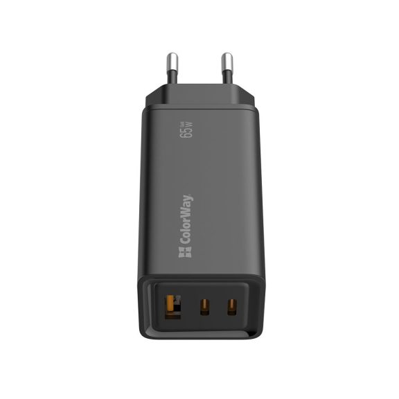 ColorWay CW-CHS039PD-BK GaN3 Pro hálózati gyorstöltő 65 W, 2x USB-C, USB-A, Power Delivery, fekete