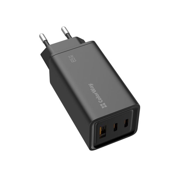 ColorWay CW-CHS039PD-BK GaN3 Pro hálózati gyorstöltő 65 W, 2x USB-C, USB-A, Power Delivery, fekete