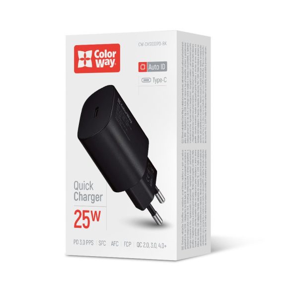 ColorWay CW-CHS033PD-BK hálózati gyorstöltő 25 W, USB-C Power Delivery PPS, fekete