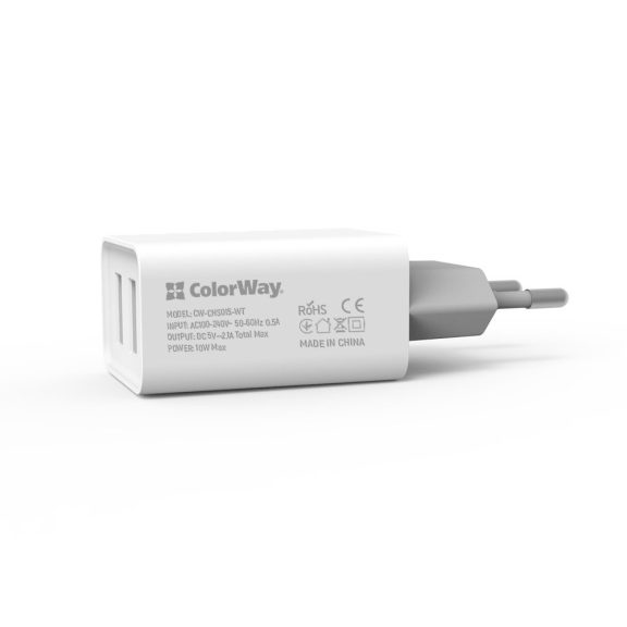 ColorWay CW-CHS015-WT hálózati USB töltő 2x USB-A, Auto ID, 10 W, fehér