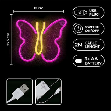   NEOLIA LED dekorációs lámpa PILLANGÓ, 61 lumen, ki/be kapcsoló, USB vagy 3xAA 1,5V, 2m kábel,