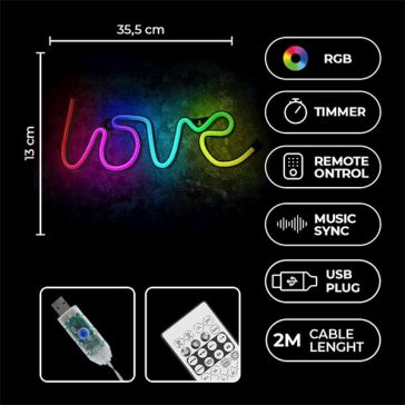   FOREVER LIGHT Neon LED dekorációs RGB lámpa LOVE, USB, távirányító, MUSIC SYNC, szabályozható, TIMER