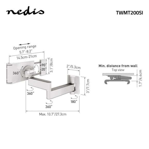 Nedis TWMT200SI fali tablet tartó 7–12"-os eszközökhöz, fehér/szürke színben.