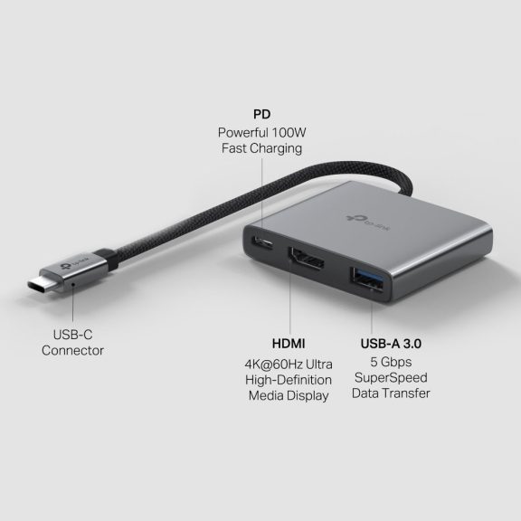 TP-Link UH3020C 3 az 1-ben USB-C hub, HDMI 4K 60 Hz, 100 W PD, USB-A 5 Gbps, szürke