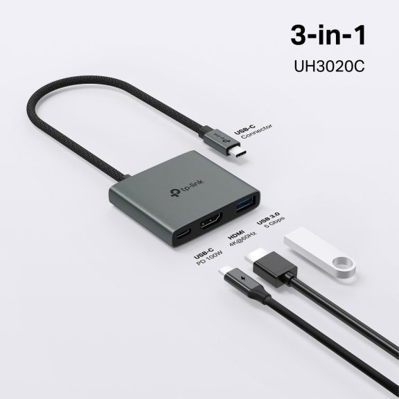 TP-Link UH3020C 3 az 1-ben USB-C hub, HDMI 4K 60 Hz, 100 W PD, USB-A 5 Gbps, szürke
