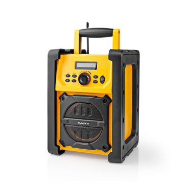 Nedis RDFM3100YW strapabíró FM Bluetooth rádió fekete-sárga színben, IPX5 védelemmel és 15 W teljesítménnyel.
