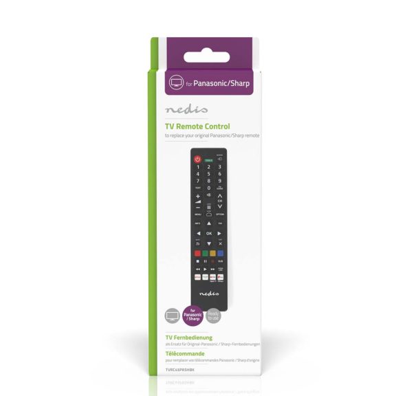 Nedis TVRC45PASHBK Panasonic/Sharp helyettesítő távirányító, előreprogramozott, Netflix/Prime/Disney+/Rakuten/YouTube gombokkal, fekete 