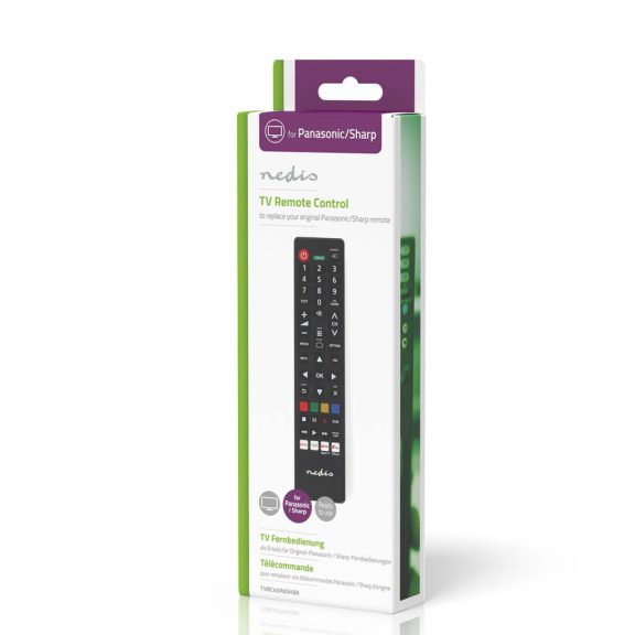 Nedis TVRC45PASHBK Panasonic/Sharp helyettesítő távirányító, előreprogramozott, Netflix/Prime/Disney+/Rakuten/YouTube gombokkal, fekete 