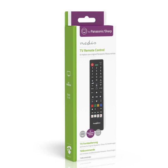 Nedis TVRC45PASHBK Panasonic/Sharp helyettesítő távirányító, előreprogramozott, Netflix/Prime/Disney+/Rakuten/YouTube gombokkal, fekete 