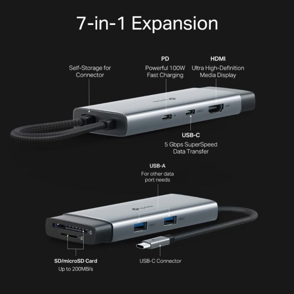 TP-Link USB-C hub, 7 az 1-ben, HDMI 4K 60 Hz, 100 W PD, SD/microSD kártyaolvasó - UH7020C