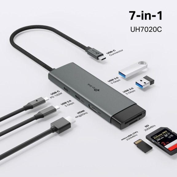 TP-Link USB-C hub, 7 az 1-ben, HDMI 4K 60 Hz, 100 W PD, SD/microSD kártyaolvasó - UH7020C