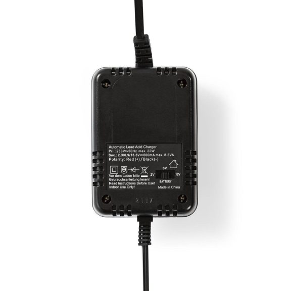 Nedis BACCH02 ólomakkumulátor töltő 2.3/6.9/13.8 V DC feszültséggel, fekete színben.
