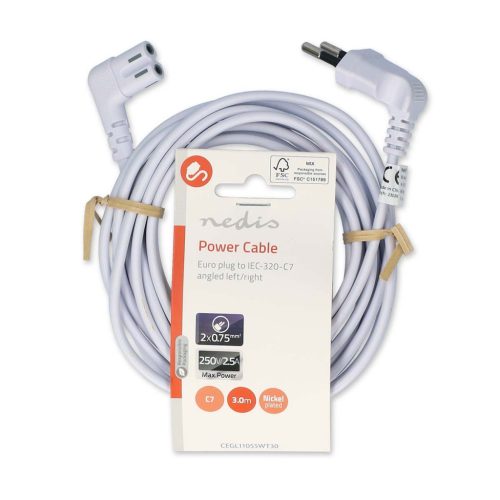 Nedis CEGL11055WT30 euro – IEC-320-C7 lapos tápkábel, 3 méter hosszúságban, fehér színben, szögben kialakított csatlakozókkal.