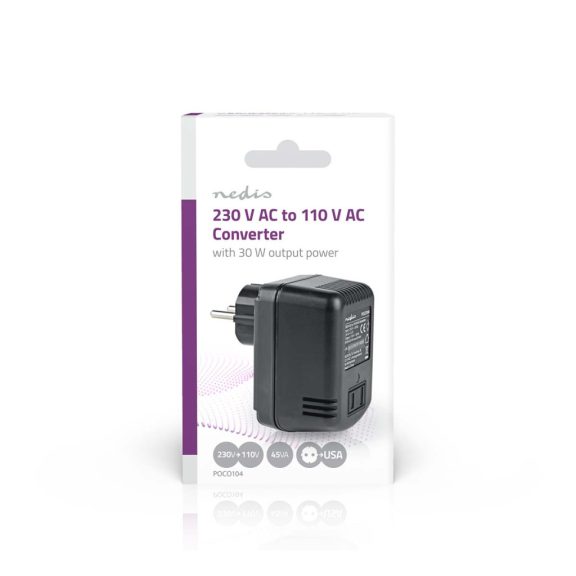 Nedis POCO104 feszültségátalakító, 230 V AC – 110 V AC, 30 W, fekete kivitelben