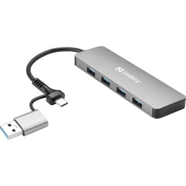   Sandberg 136-63 USB-C/A USB 3.0 elosztó, 4 USB-A port, alumínium, ezüst/fekete