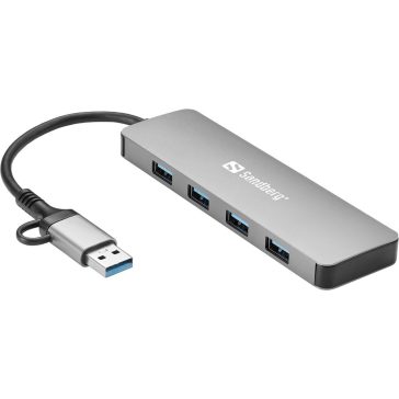   Sandberg 136-63 USB-C/A USB 3.0 elosztó, 4 USB-A port, alumínium, ezüst/fekete