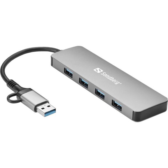 Sandberg 136-63 USB-C/A USB 3.0 elosztó, 4 USB-A port, alumínium, ezüst/fekete