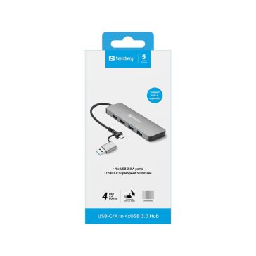   Sandberg 136-63 USB-C/A USB 3.0 elosztó, 4 USB-A port, alumínium, ezüst/fekete
